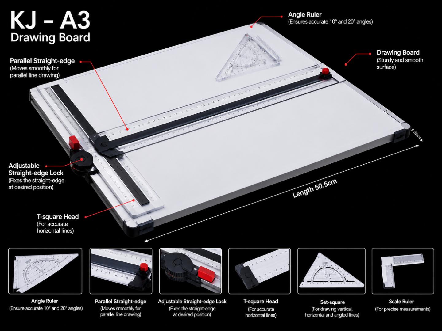 Original COKAI A3 Rapid Drawing Board – Technical Drawing Board / presentation board with Parallel Straightedge / Waterproof, (Dimensions: 50.5 cm × 37 cm)