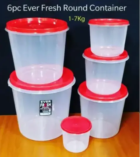 6-Pcs Ever Fresh Round Container Set Keep your food fresh and your kitchen organized with this versatile Ever Fresh Round Container Set. Perfect for storing grains, snacks, liquids, or any dry food
