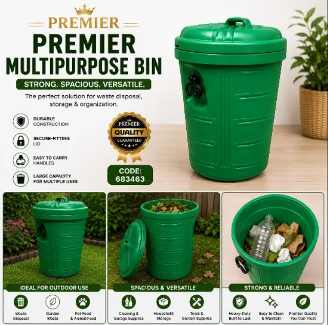 PREMIER MULTI-PURPOSE BIN * Heavy-duty multi-purpose bin with secure-fitting lid. * Strong, durable plastic construction for long-lasting use.