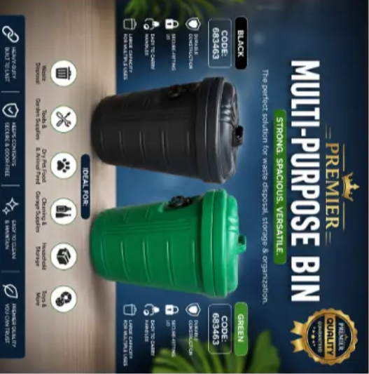PREMIER MULTI-PURPOSE BIN * Heavy-duty multi-purpose bin with secure-fitting lid. * Strong, durable plastic construction for long-lasting use.