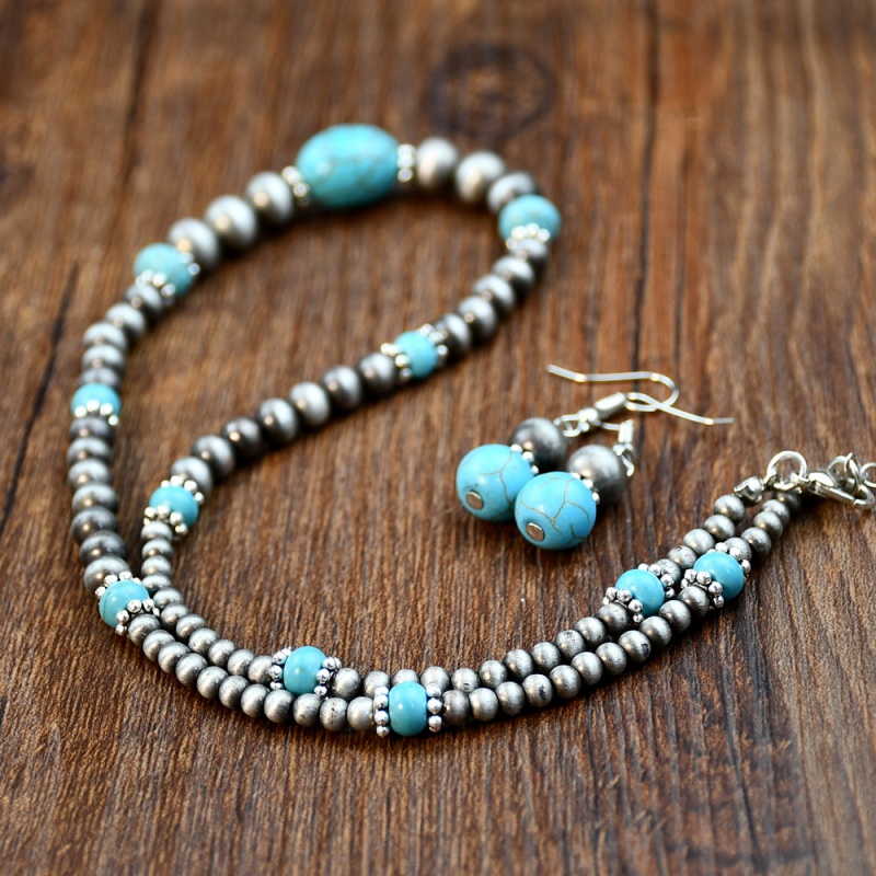 Vintage Ethnic Turquoise Necklace and Earrings Set for WomenRetro Silver Beaded Jewelry Niche Designer Bohemian Accessories