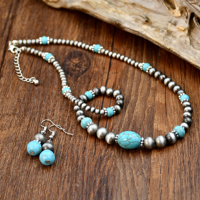 Vintage Ethnic Turquoise Necklace and Earrings Set for WomenRetro Silver Beaded Jewelry Niche Designer Bohemian Accessories