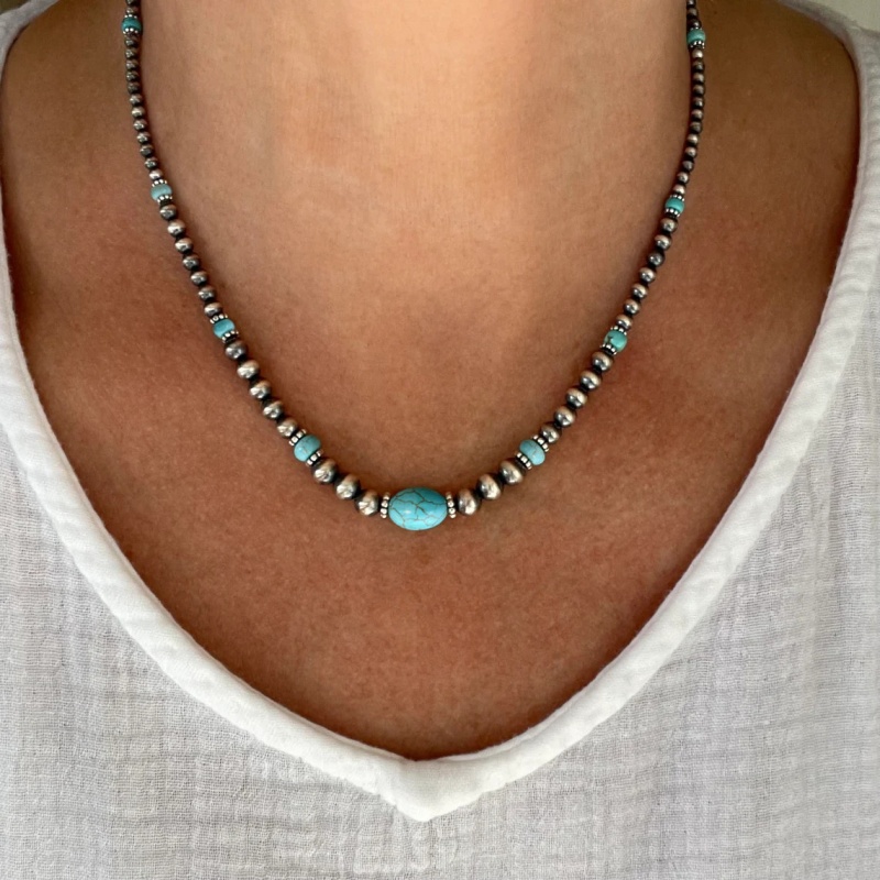 Vintage Ethnic Turquoise Necklace and Earrings Set for WomenRetro Silver Beaded Jewelry Niche Designer Bohemian Accessories