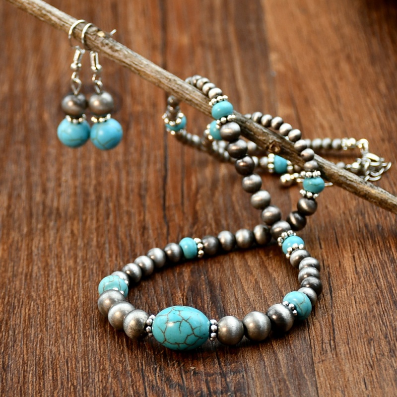 Vintage Ethnic Turquoise Necklace and Earrings Set for WomenRetro Silver Beaded Jewelry Niche Designer Bohemian Accessories