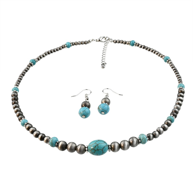 Vintage Ethnic Turquoise Necklace and Earrings Set for WomenRetro Silver Beaded Jewelry Niche Designer Bohemian Accessories