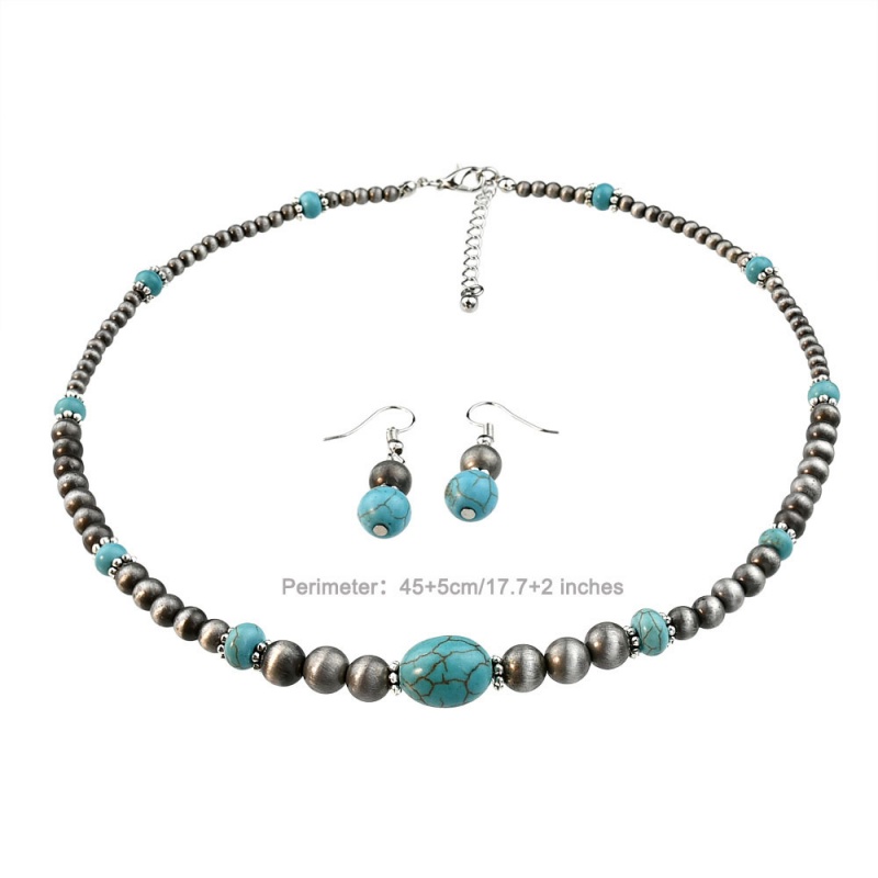 Vintage Ethnic Turquoise Necklace and Earrings Set for WomenRetro Silver Beaded Jewelry Niche Designer Bohemian Accessories