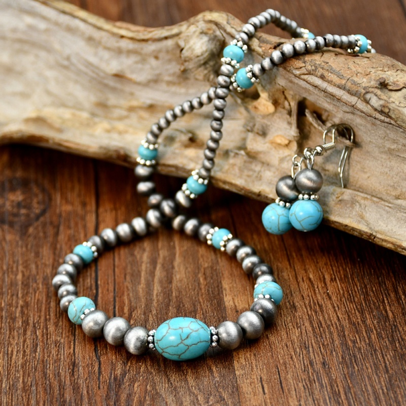 Vintage Ethnic Turquoise Necklace and Earrings Set for WomenRetro Silver Beaded Jewelry Niche Designer Bohemian Accessories