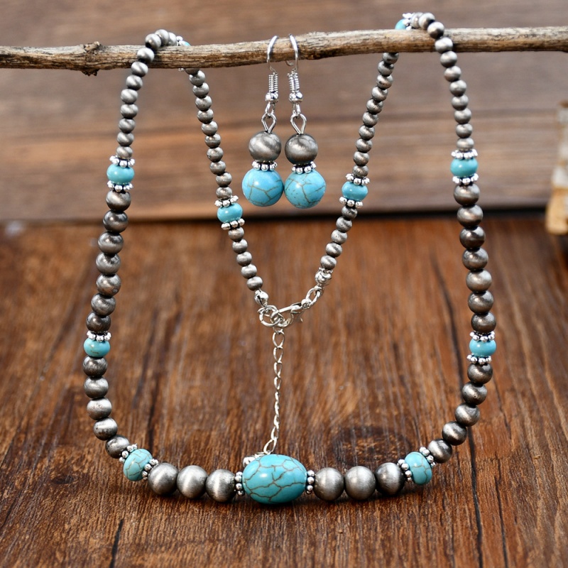 Vintage Ethnic Turquoise Necklace and Earrings Set for WomenRetro Silver Beaded Jewelry Niche Designer Bohemian Accessories