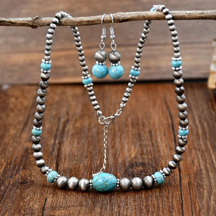 Vintage Ethnic Turquoise Necklace and Earrings Set for WomenRetro Silver Beaded Jewelry Niche Designer Bohemian Accessories