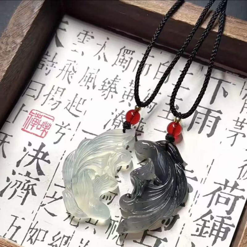 New Chinese Style Fish-to-Dragon Gradient Peaceful Ink-Wash Twin Fish Pendant Necklace, Couple Matching Retro Ancient Style Jewelry