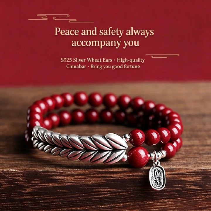 Natural Cinnabar New Chinese Style Couple Bracelet Yearly Peace Blessing Cinnabar Beaded Bracelet with Silver-Plated Wheat Ears Traditional Chinese Lucky Jewelry for Men & Women