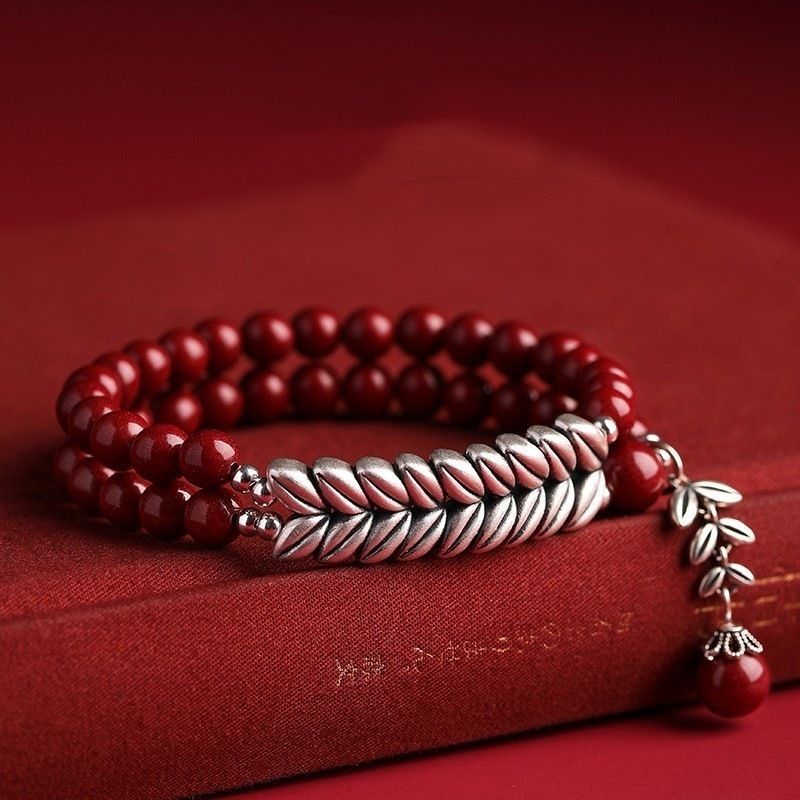 Natural Cinnabar New Chinese Style Couple Bracelet Yearly Peace Blessing Cinnabar Beaded Bracelet with Silver-Plated Wheat Ears Traditional Chinese Lucky Jewelry for Men & Women