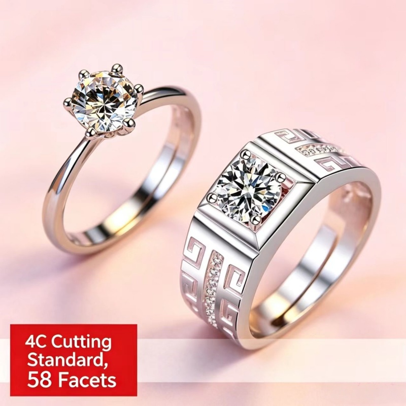 Wedding Couple Open Band Rings 1 Carat Cubic Zirconia & Simulated Moissanite Six-Prong Adjustable Silver Promise Ring for Women