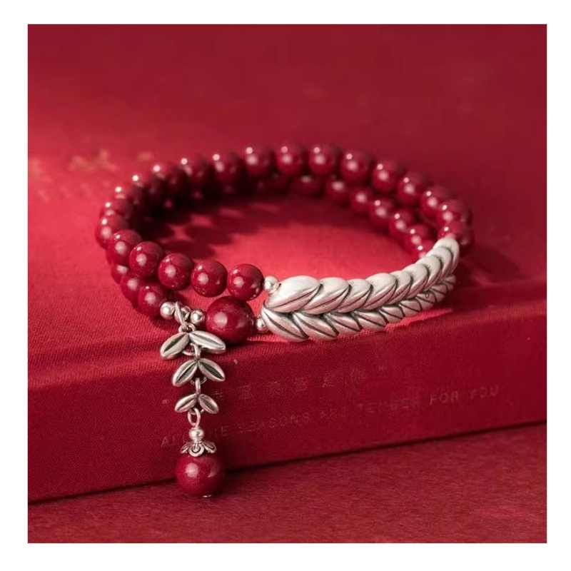 Natural Cinnabar New Chinese Style Couple Bracelet Yearly Peace Blessing Cinnabar Beaded Bracelet with Silver-Plated Wheat Ears Traditional Chinese Lucky Jewelry for Men & Women