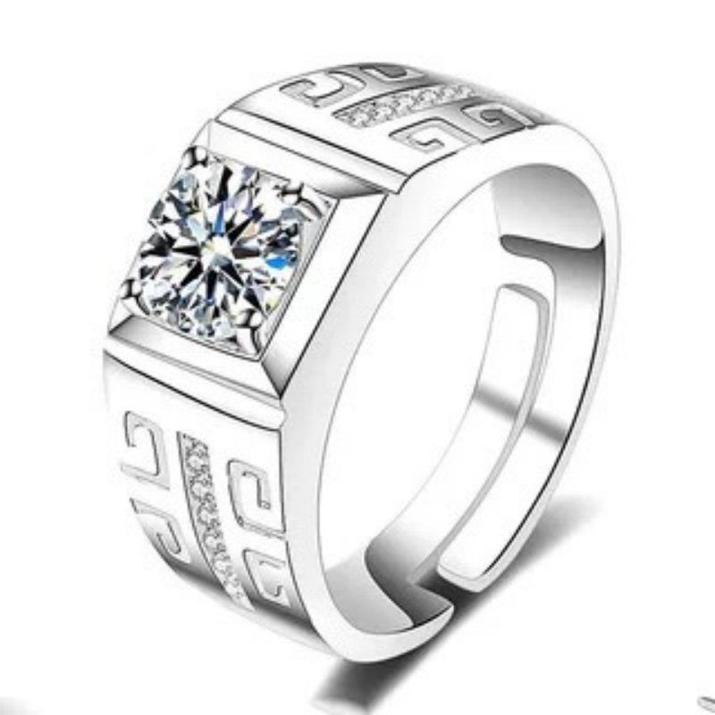 Wedding Couple Open Band Rings 1 Carat Cubic Zirconia & Simulated Moissanite Six-Prong Adjustable Silver Promise Ring for Women