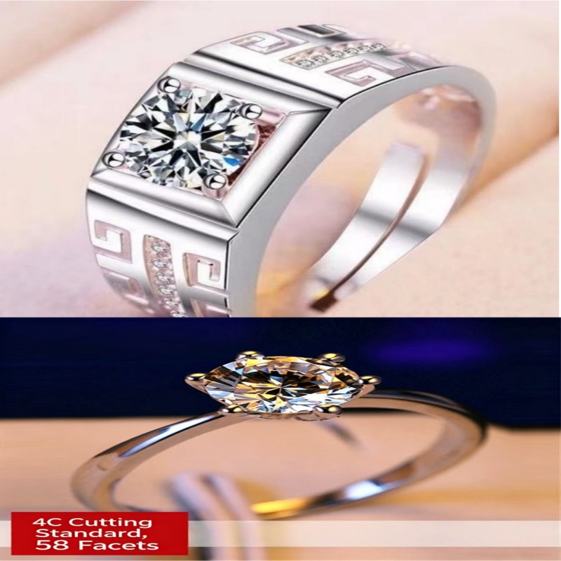 Wedding Couple Open Band Rings 1 Carat Cubic Zirconia & Simulated Moissanite Six-Prong Adjustable Silver Promise Ring for Women