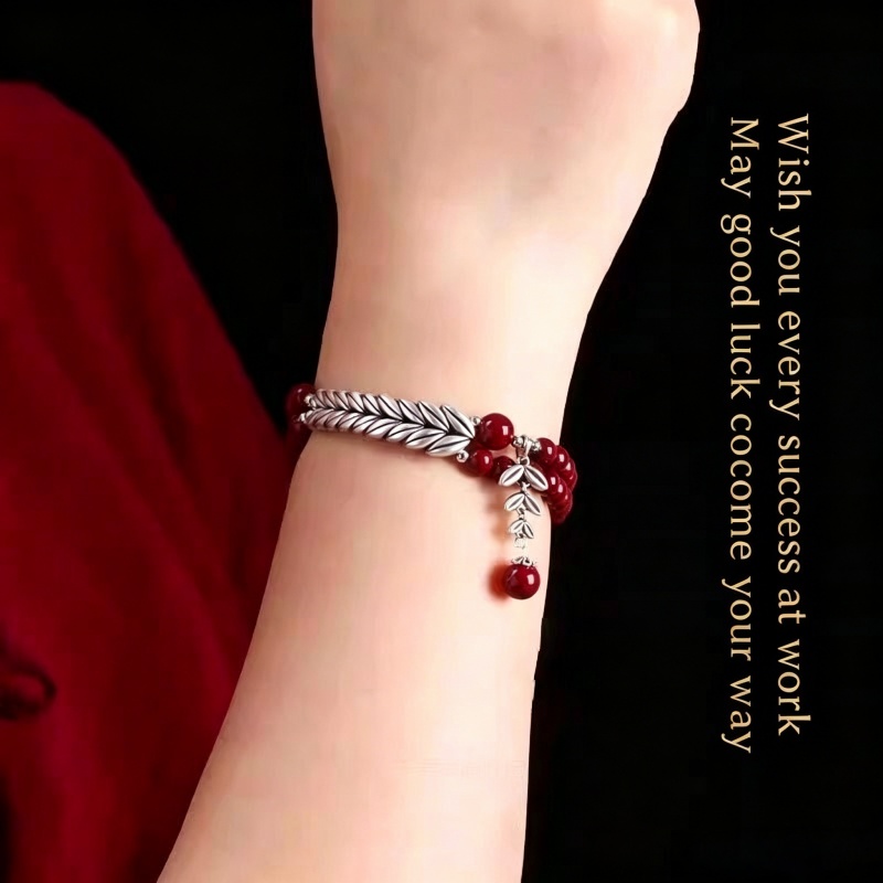 Natural Cinnabar New Chinese Style Couple Bracelet Yearly Peace Blessing Cinnabar Beaded Bracelet with Silver-Plated Wheat Ears Traditional Chinese Lucky Jewelry for Men & Women