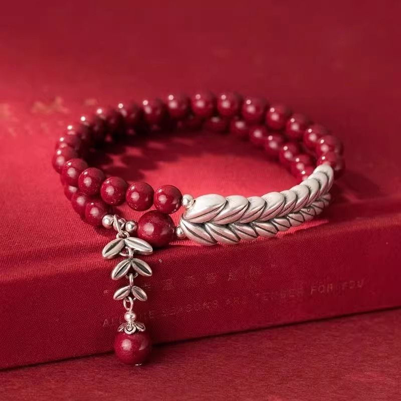 Natural Cinnabar New Chinese Style Couple Bracelet Yearly Peace Blessing Cinnabar Beaded Bracelet with Silver-Plated Wheat Ears Traditional Chinese Lucky Jewelry for Men & Women