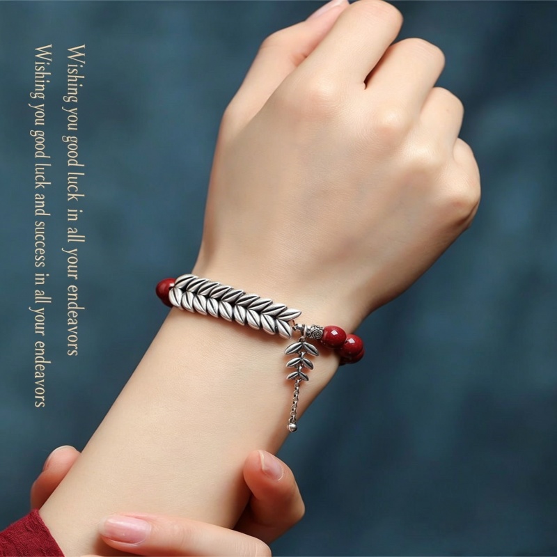 Natural Cinnabar New Chinese Style Couple Bracelet Yearly Peace Blessing Cinnabar Beaded Bracelet with Silver-Plated Wheat Ears Traditional Chinese Lucky Jewelry for Men & Women