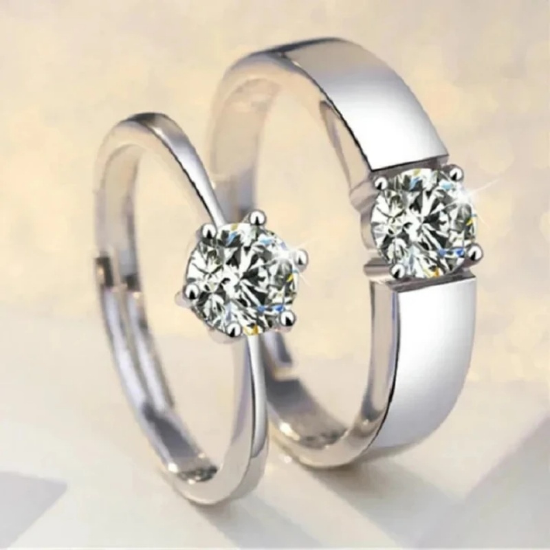 High-End Wedding Imitation Moissanite Diamond Rings 6-Prong Solitaire Women’s Open Adjustable Couple Bands 1 Carat Zircon 925 Silver Rings for Men & Women