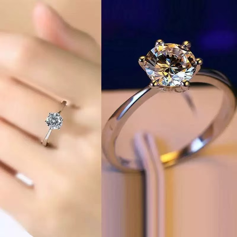 High-End Wedding Imitation Moissanite Diamond Rings 6-Prong Solitaire Women’s Open Adjustable Couple Bands 1 Carat Zircon 925 Silver Rings for Men & Women