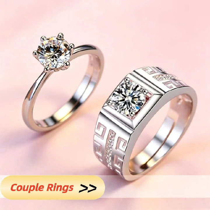 High-End Wedding Imitation Moissanite Diamond Rings 6-Prong Solitaire Women’s Open Adjustable Couple Bands 1 Carat Zircon 925 Silver Rings for Men & Women