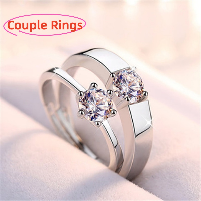 High-End Wedding Imitation Moissanite Diamond Rings 6-Prong Solitaire Women’s Open Adjustable Couple Bands 1 Carat Zircon 925 Silver Rings for Men & Women