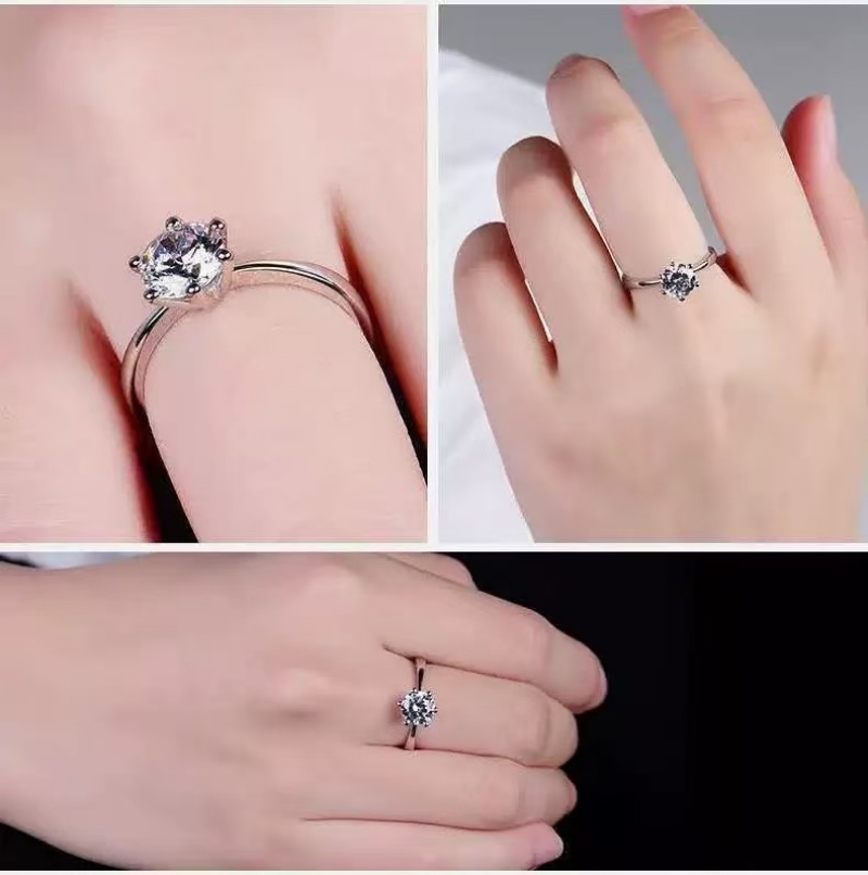 High-End Wedding Imitation Moissanite Diamond Rings 6-Prong Solitaire Women’s Open Adjustable Couple Bands 1 Carat Zircon 925 Silver Rings for Men & Women