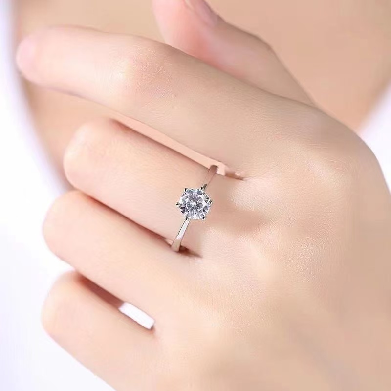 High-End Wedding Imitation Moissanite Diamond Rings 6-Prong Solitaire Women’s Open Adjustable Couple Bands 1 Carat Zircon 925 Silver Rings for Men & Women