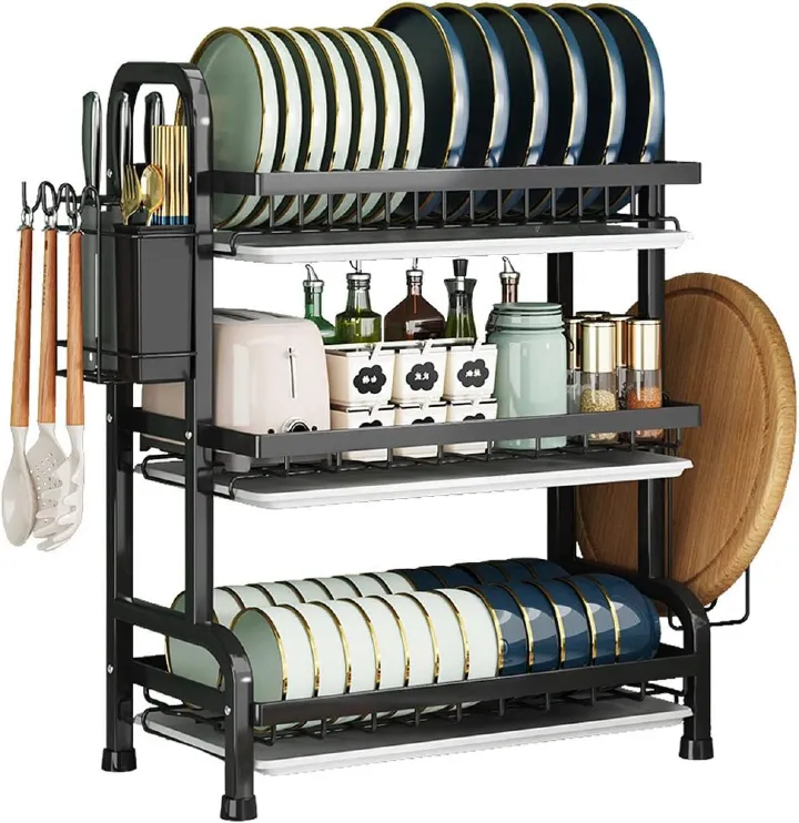 Dish Drying Rack, 3-Tier Large Capacity Kitchen Dish Rack Drainboard Set,Carbon Steel Dish Drainer Rack with Drip Tray & Utensil Holder, Cutting Board Holder and Dish Drainer for Kitchen (Black)