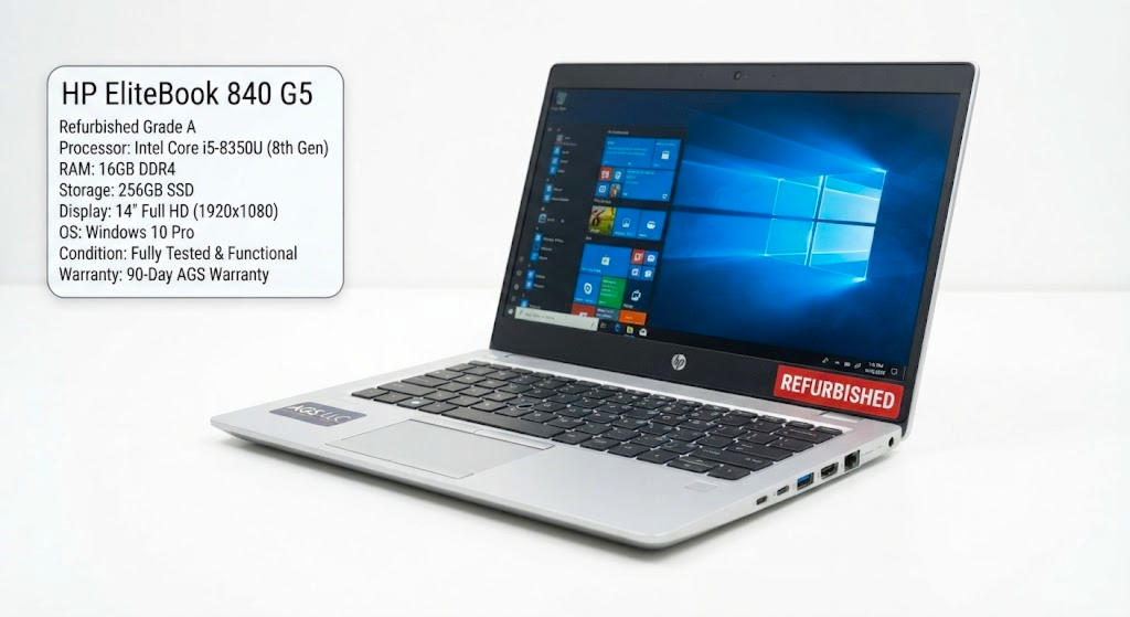 Refurbished HP EliteBook 840 G5 14" FHD Laptop | Intel Core i5-8350U | 8GB RAM | 256GB SSD | Windows 11 Pro Upgradeable | AGS LLC