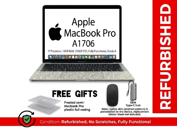 silicon Apple MacBook Pro A1706 13-Inch Retina (Intel Core i7 / 16GB RAM / 4 Thunderbolt Ports) 
macOS Monterey + Windows 11 Pro Activated 

FREE STICKER, 
FREE COVER 
FREE MOUSE 
FREE OEM TYPE C HUB