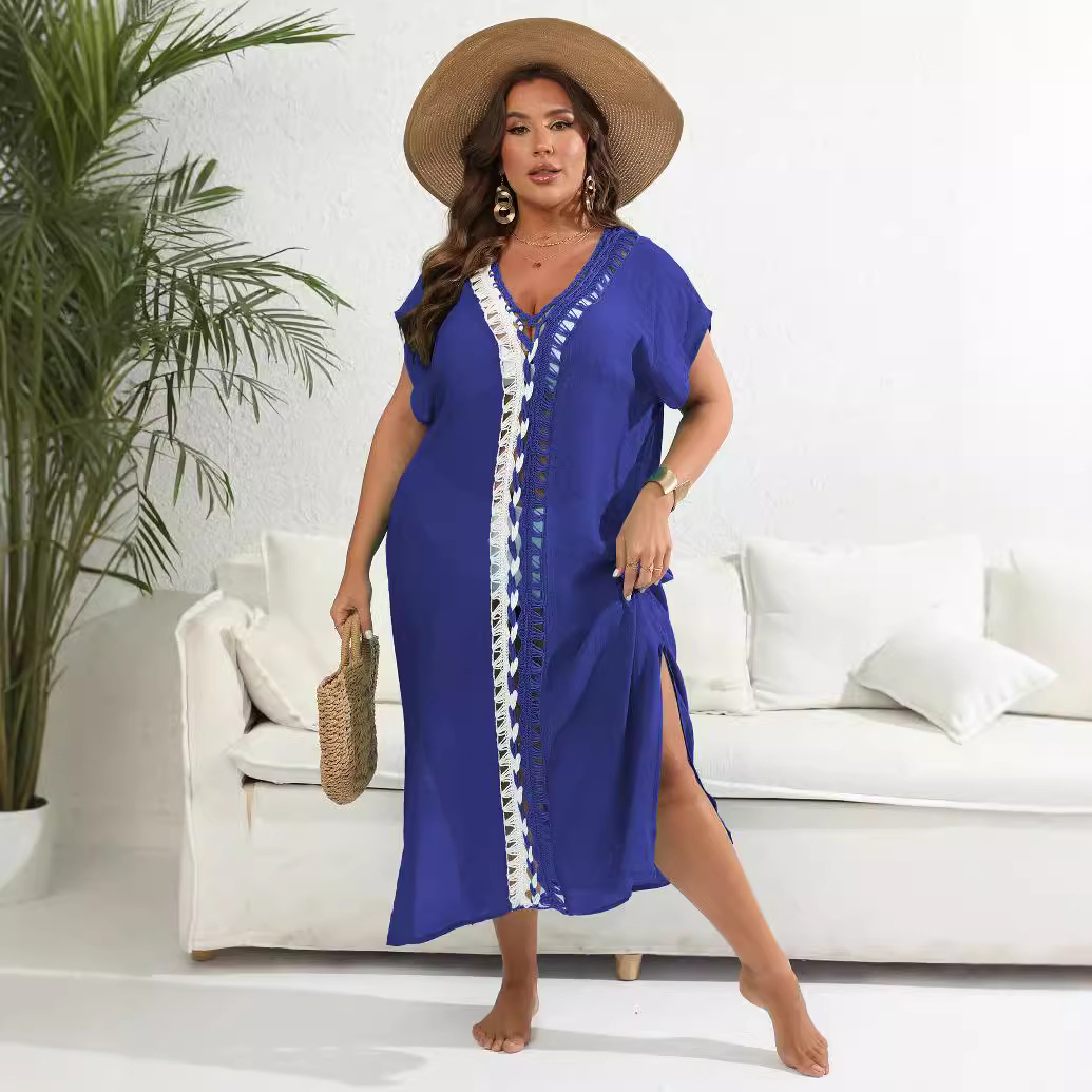 1 pc Vacation beach coverall, large size women's clothing, hand-crocheted, contrast color stitching, deep V slit dress