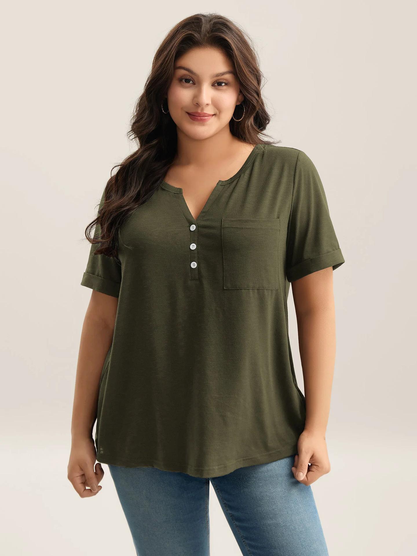 1 pc Large-size women's clothing, soft and elegant, suitable for daily casual wear and commuting, versatile pure-color V-neck button short-sleeved T-shirt