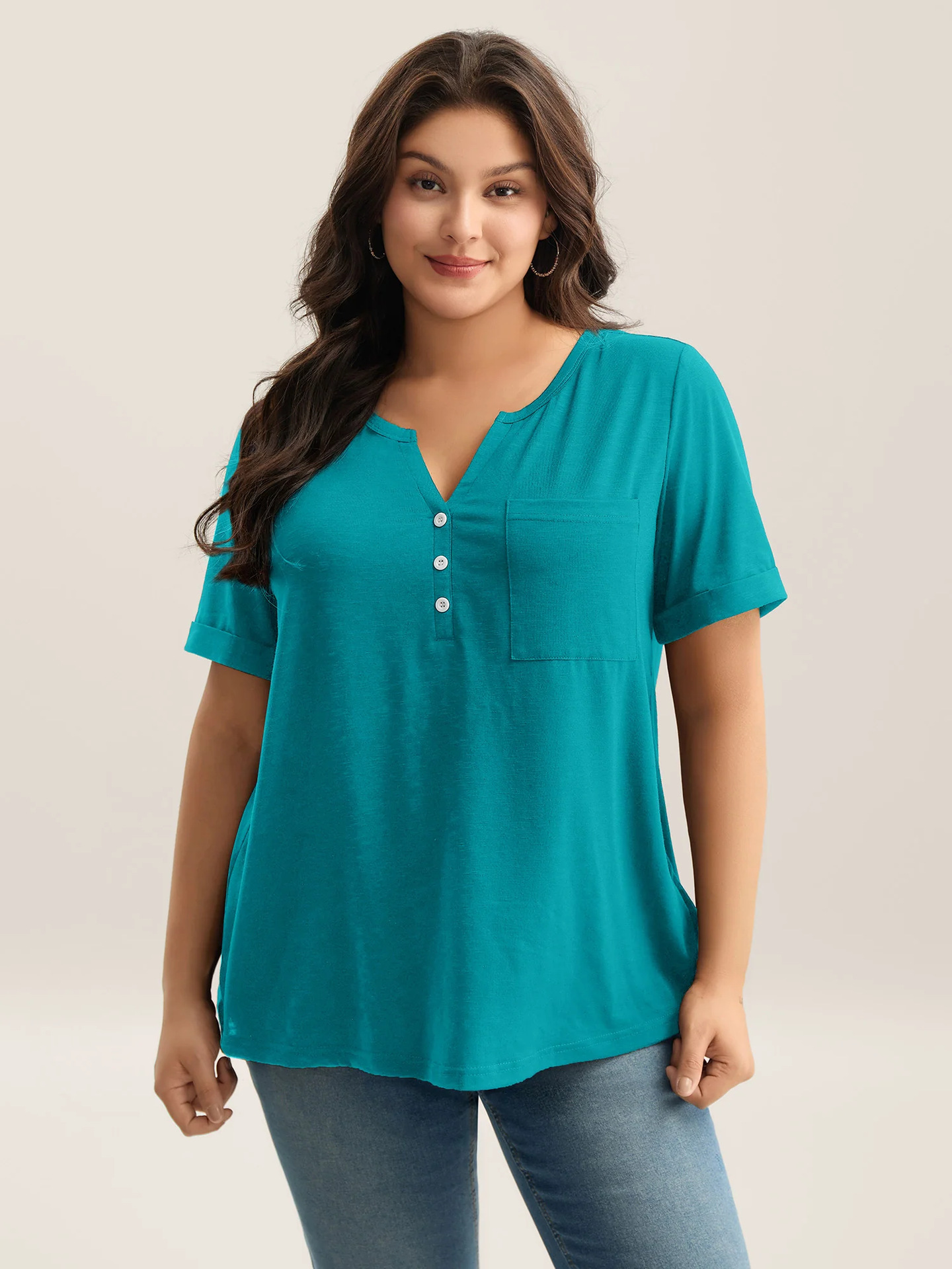 1 pc Large-size women's clothing, soft and elegant, suitable for daily casual wear and commuting, versatile pure-color V-neck button short-sleeved T-shirt