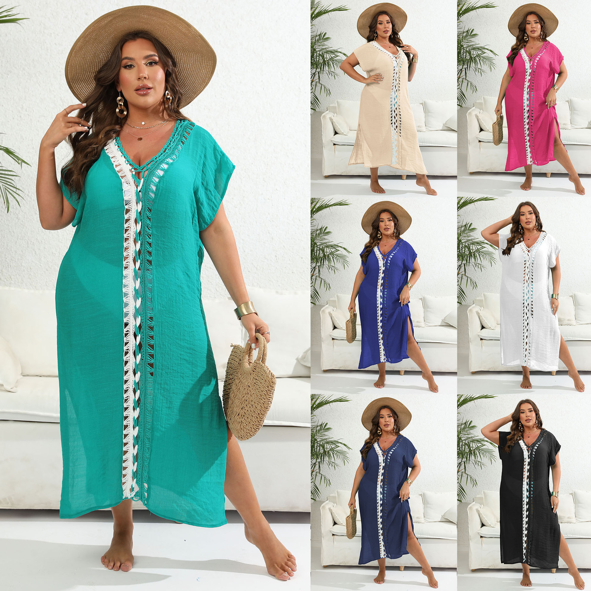 1 pc Vacation beach coverall, large size women's clothing, hand-crocheted, contrast color stitching, deep V slit dress