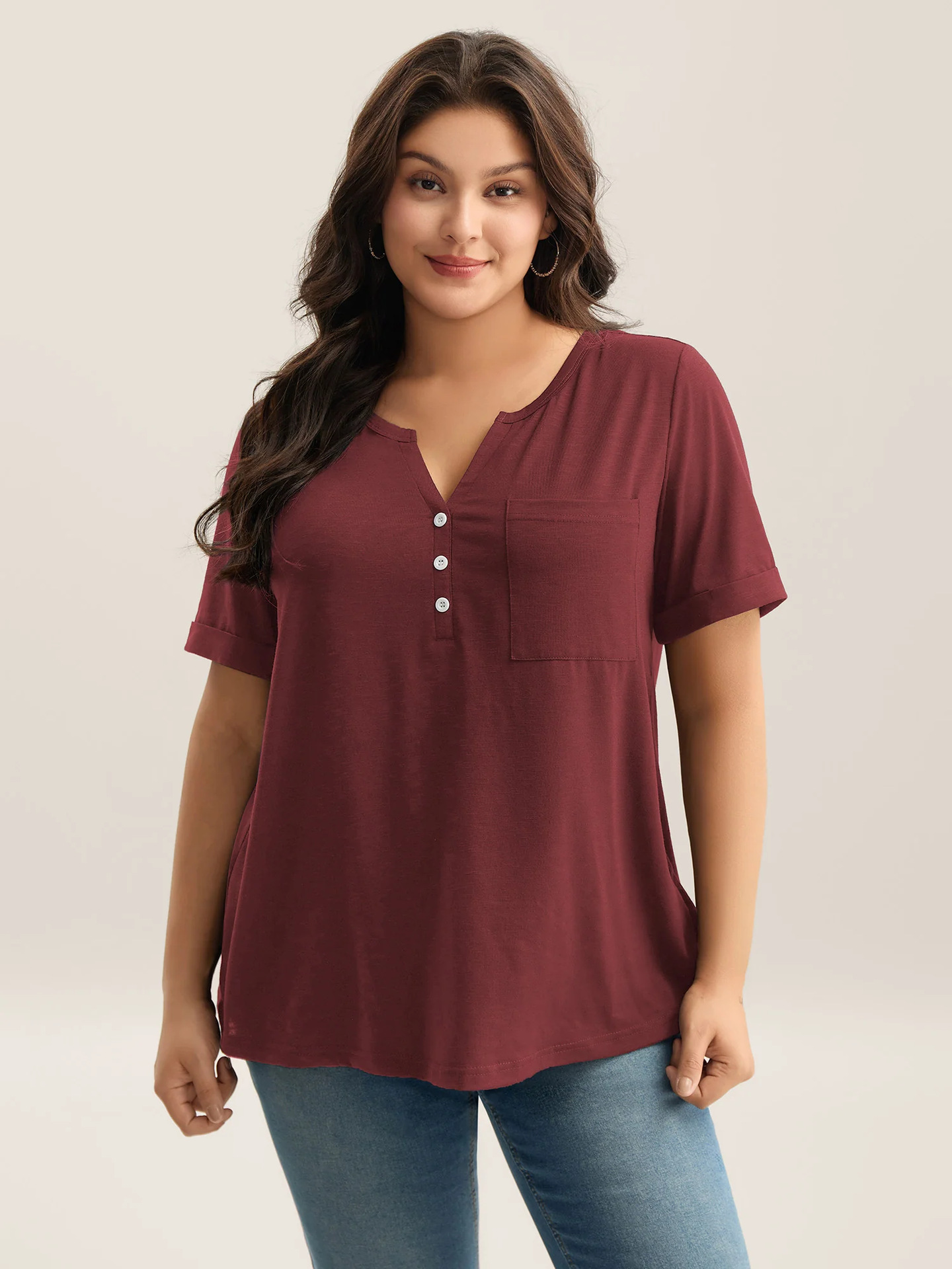 1 pc Large-size women's clothing, soft and elegant, suitable for daily casual wear and commuting, versatile pure-color V-neck button short-sleeved T-shirt