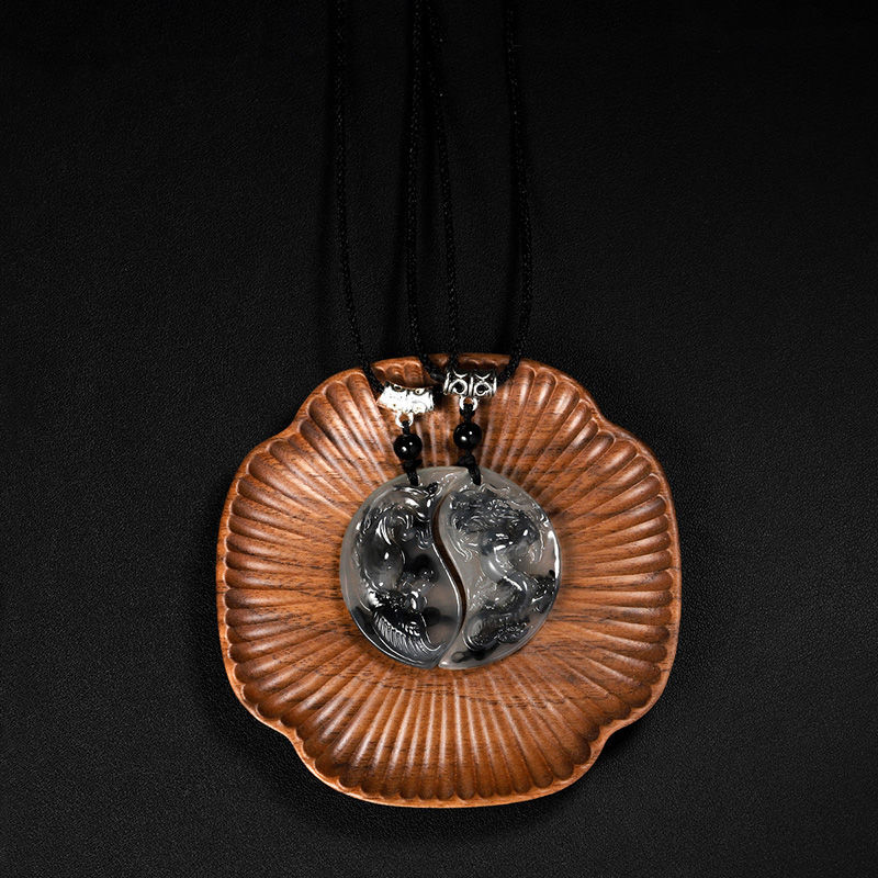 Lucky Couple Necklace Set – Chinese Ink Style Dragon & Phoenix Yin Yang Pendants | Unisex Protection Jewelry for Engagement, Anniversary, or Daily Wear