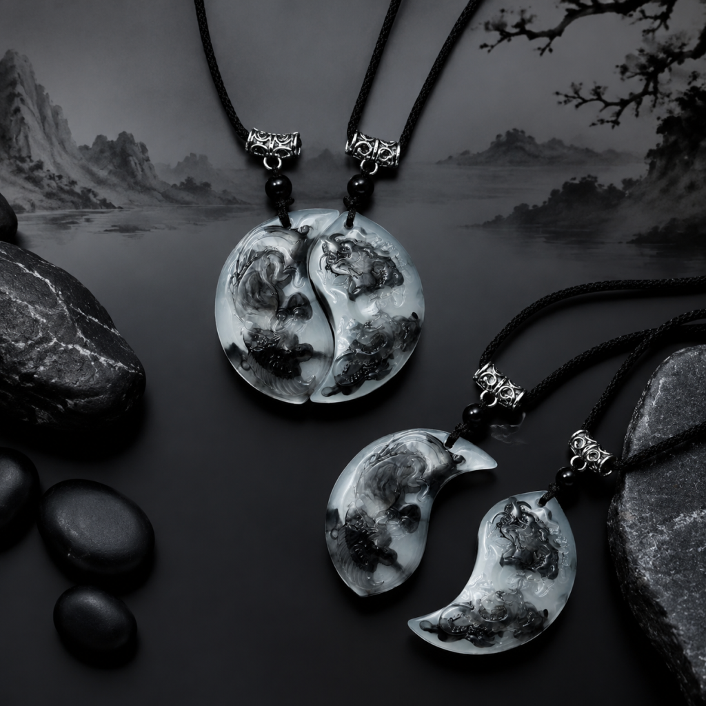 Lucky Couple Necklace Set – Chinese Ink Style Dragon & Phoenix Yin Yang Pendants | Unisex Protection Jewelry for Engagement, Anniversary, or Daily Wear