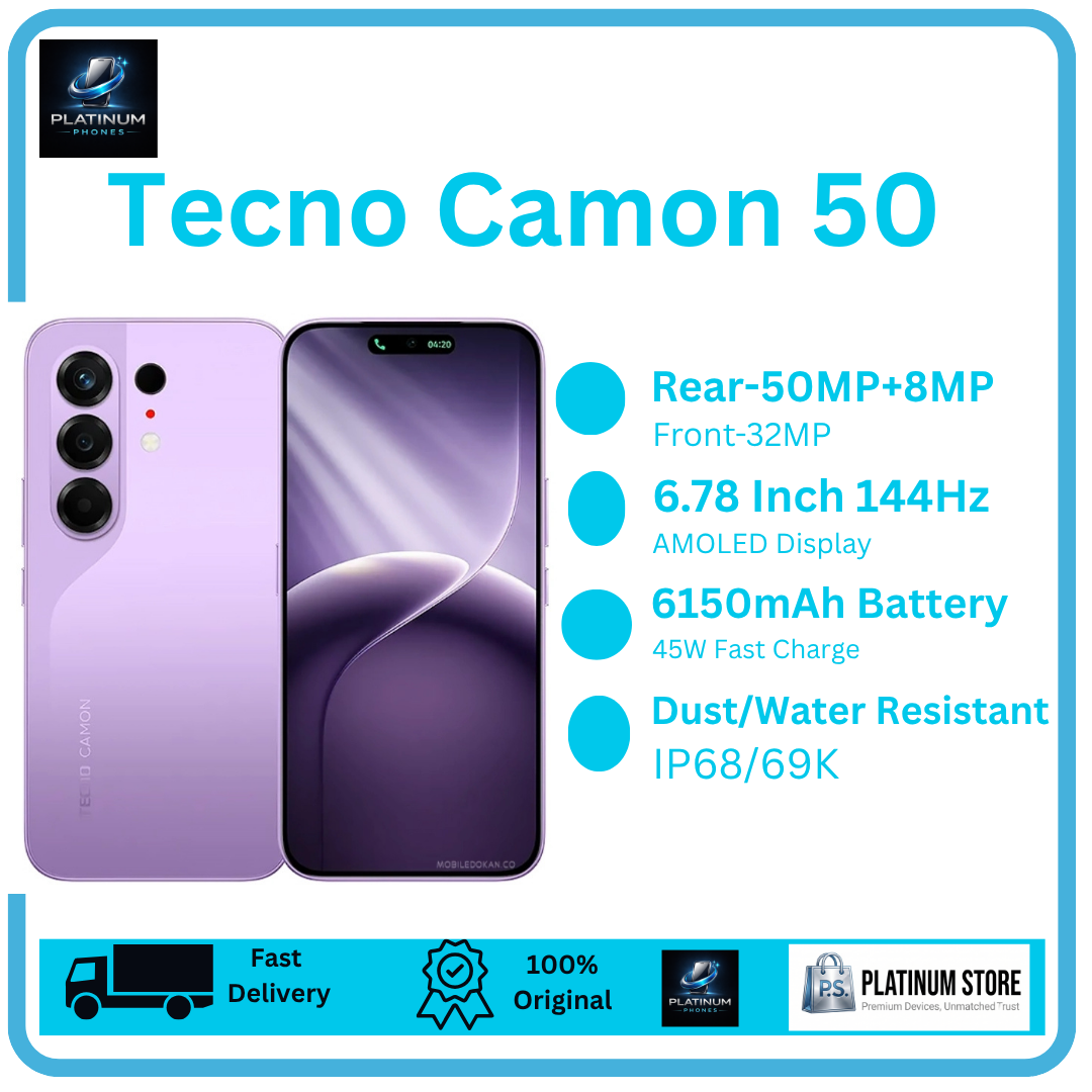 [Anniversary Offer] TECNO Camon 50 256GB+16(8+8)GB 6.78" 144Hz AMOLED Display 50MP+8MP Rear Camera 6150mAh Battery 45W Fast Charging Under-Display Fingerprint IP68/69K Smart TECNO AI Smartphone