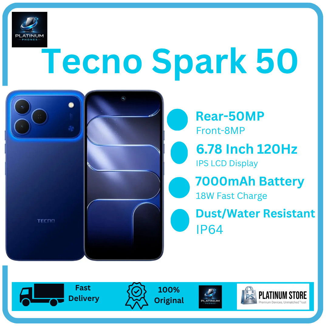 [New Arrival] Tecno Spark 50 128GB+8(4+4)GB 6.78" IPS LCD 120Hz Display 50MP Rear 8MP Selfie Camera Massive 7000mAh Battery 18W Fast Charging Android 16 Dual SIM Fingerprint Unlock Smartphone