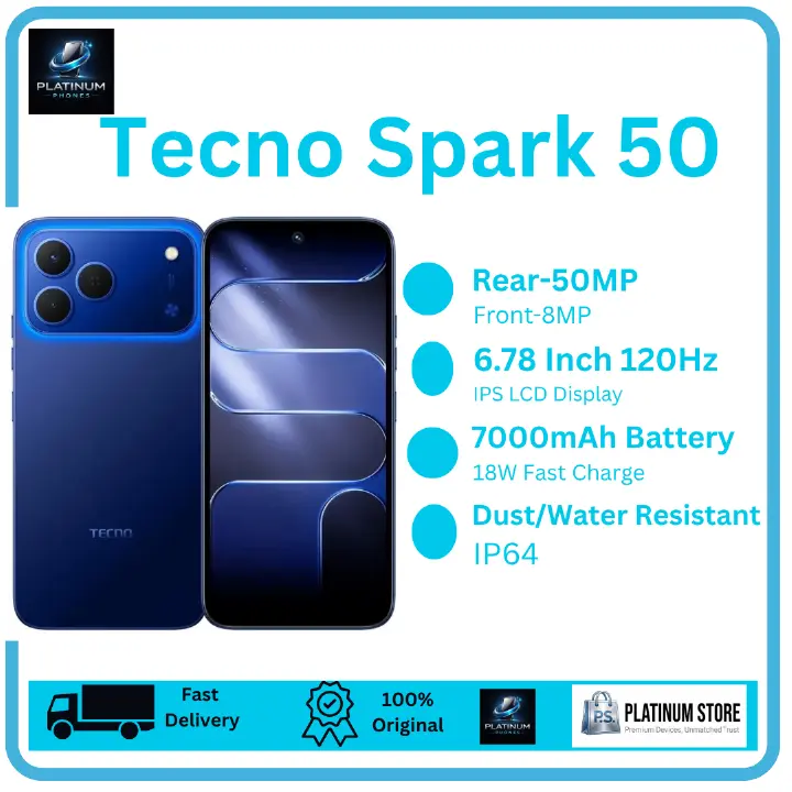 [New Arrival] Tecno Spark 50 128GB+8(4+4)GB 6.78" IPS LCD 120Hz Display 50MP Rear 8MP Selfie Camera Massive 7000mAh Battery 18W Fast Charging Android 16 Dual SIM Fingerprint Unlock Smartphone