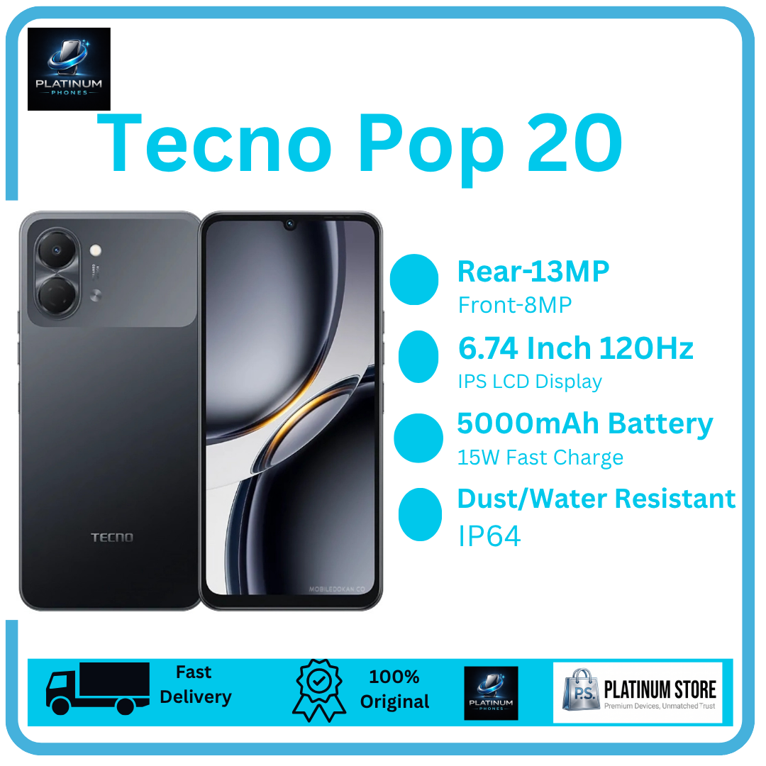 [NEW ARRIVAL] TECNO Pop 20 128GB+8(4+4)GB 6.74" IPS LCD 120Hz Display 13MP Rear Camera 5000mAh Battery 15W Fast Charging IP64 Dual SIM Fingerprint Unlock Smart AI Smartphone