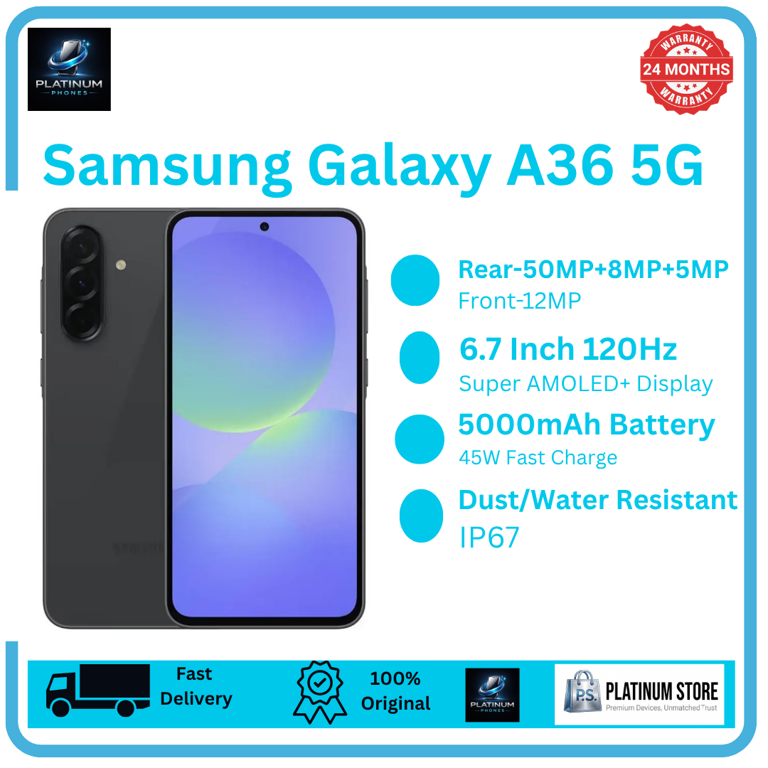 [Brand New] Samsung Galaxy A36 256GB+8GB 6.7" Super AMOLED 120Hz Display (50+8+5)MP Camera 5000mAh Battery 45W Fast Charging Dual SIM Under-Display Fingerprint IP67 Galaxy AI Smartphone