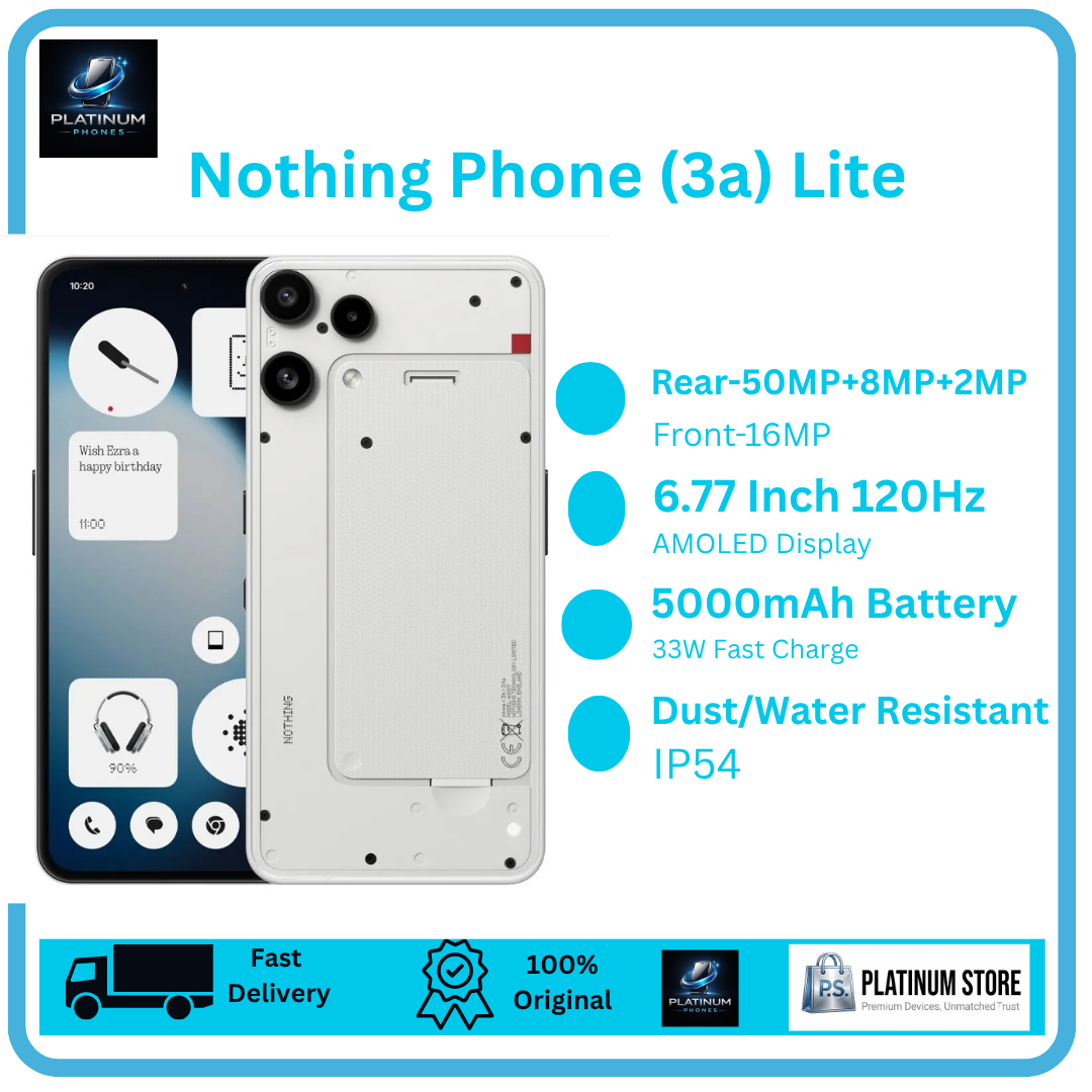 Nothing Phone (3a) Lite 256GB+8GB 6.77" AMOLED 120Hz Display 50+8+2MP Back Camera 5000mAh Battery 33W Fast Charging Dual SIM IP54 Rated Under-Display Fingerprint 16MP Selfie Smart AI Smartphone