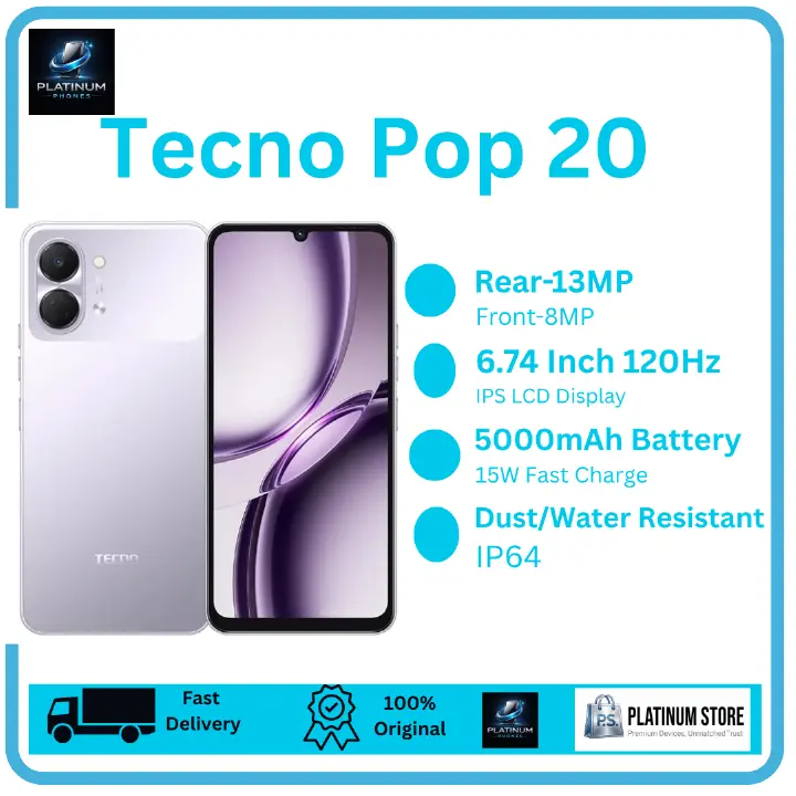 [NEW ARRIVAL] TECNO Pop 20 128GB+8(4+4)GB 6.74" IPS LCD 120Hz Display 13MP Rear Camera 5000mAh Battery 15W Fast Charging IP64 Dual SIM Fingerprint Unlock Smart AI Smartphone