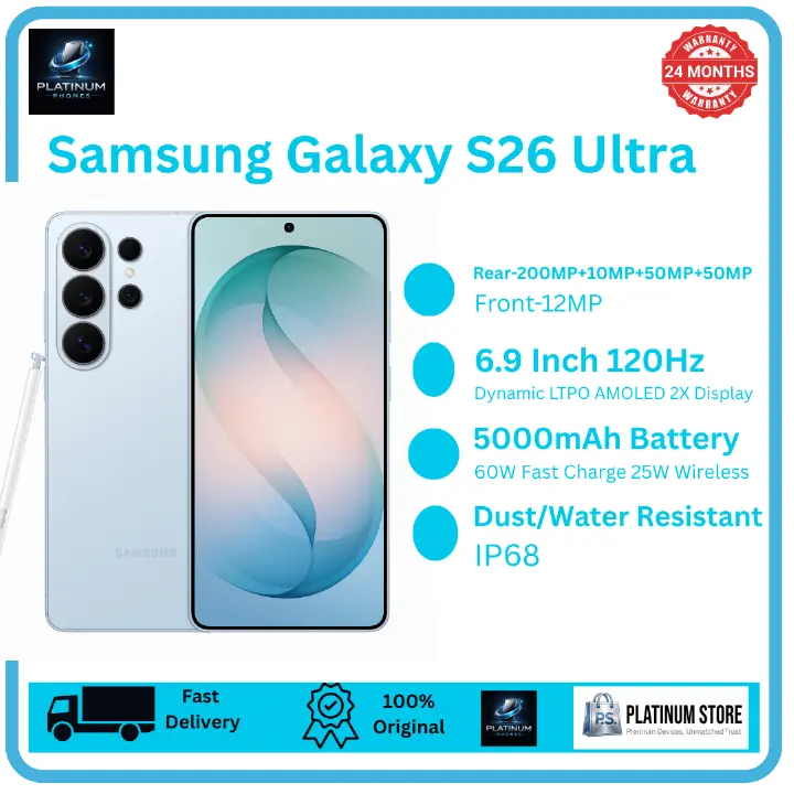 Samsung Galaxy S26 Ultra 256GB+12GB 6.9" Dynamic LTPO AMOLED 2X 120Hz Privacy Display (200+10+50+50)MP Rear Camera 5000mAh Battery 60W Wired 25W Wireless Charging Ultra-Sonic Fingerprint Smartphone