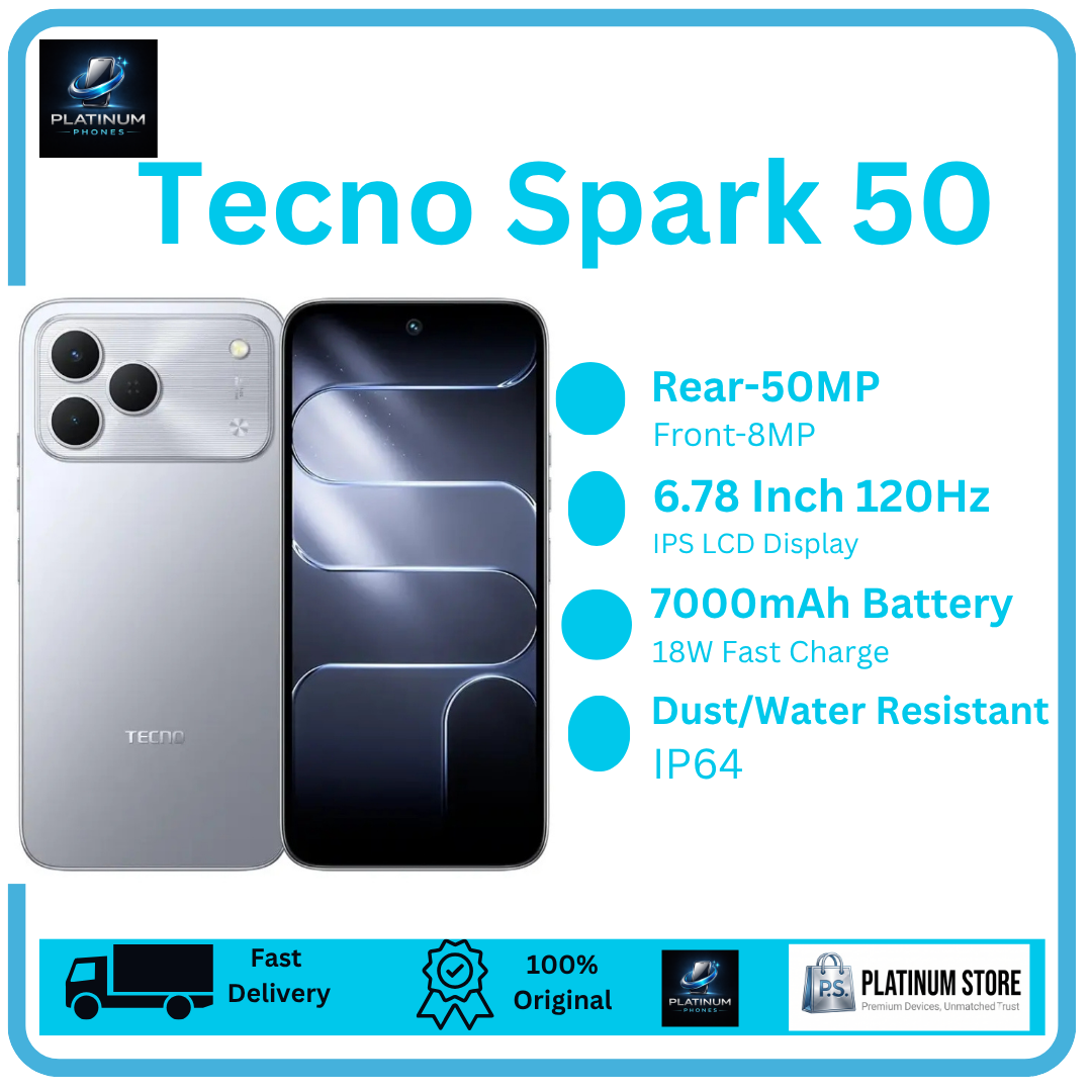 [New Arrival] Tecno Spark 50 128GB+8(4+4)GB 6.78" IPS LCD 120Hz Display 50MP Rear 8MP Selfie Camera Massive 7000mAh Battery 18W Fast Charging Android 16 Dual SIM Fingerprint Unlock Smartphone