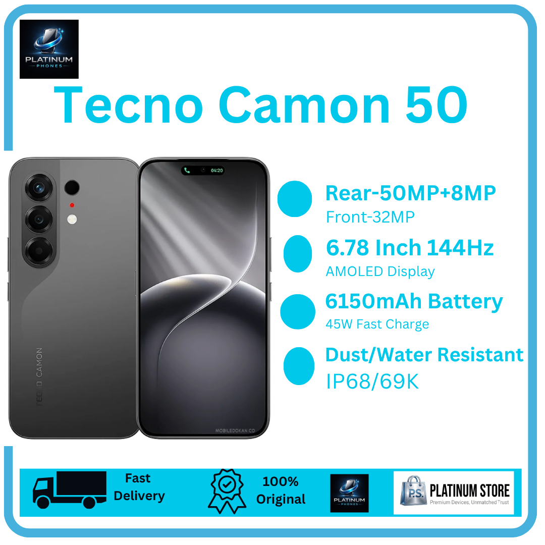[Anniversary Offer] TECNO Camon 50 256GB+16(8+8)GB 6.78" 144Hz AMOLED Display 50MP+8MP Rear Camera 6150mAh Battery 45W Fast Charging Under-Display Fingerprint IP68/69K Smart TECNO AI Smartphone