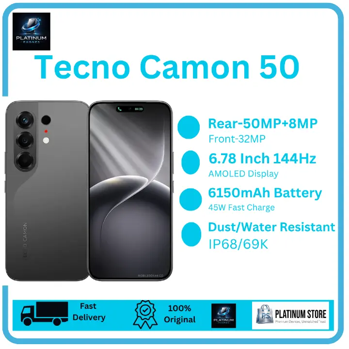 [Anniversary Offer] TECNO Camon 50 256GB+16(8+8)GB 6.78" 144Hz AMOLED Display 50MP+8MP Rear Camera 6150mAh Battery 45W Fast Charging Under-Display Fingerprint IP68/69K Smart TECNO AI Smartphone